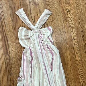 Fabrik: Striped Knotted Halter Maxi Dress in Cream and Dusty Rose